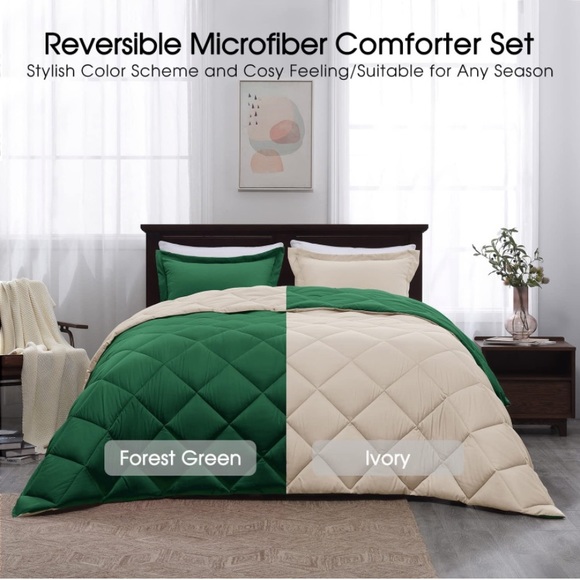 Forest Green/Ivory Comforter Set 3 King Size Reversible Down Alternative - Picture 3 of 6